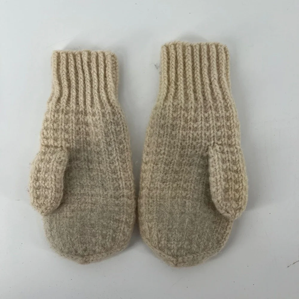 Vintage Hand Knit Wool Cable Knit Mittens Cream Aran Irish Women's Medium